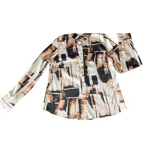 Goodtimeusa Women Abstract Print Button Down Shirt Satin Brown Black M (1124)